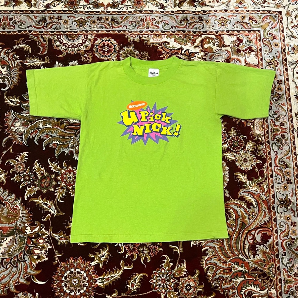 Nickelodeon U Pick Nick! Vintage 1996 Neon Green Kids Tee Shirt Youth Size Large